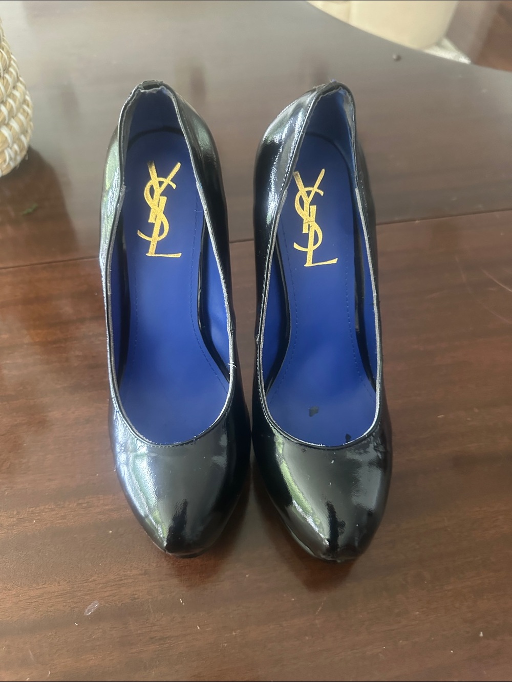 Black Patent Pumps with Blue Insole